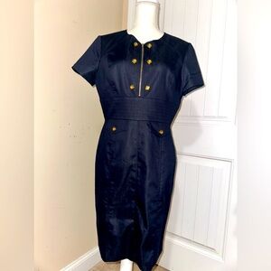 BIGIO COLLECTION navy blue sheath dress with gold buttons and back slit